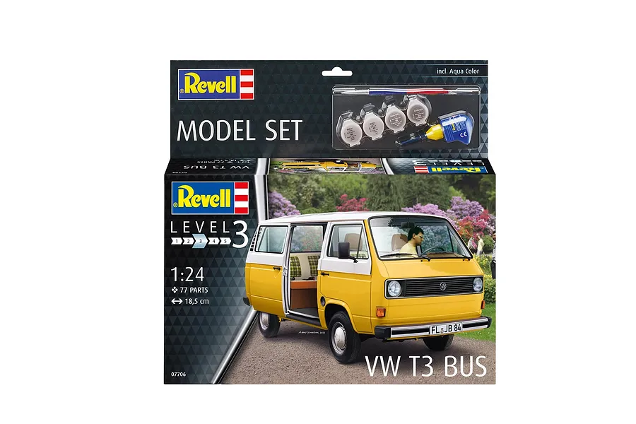 Revell 1/24 scale VW T3 Bus plastic model kit box showing a yellow and white van with included paints, brush, and glue.