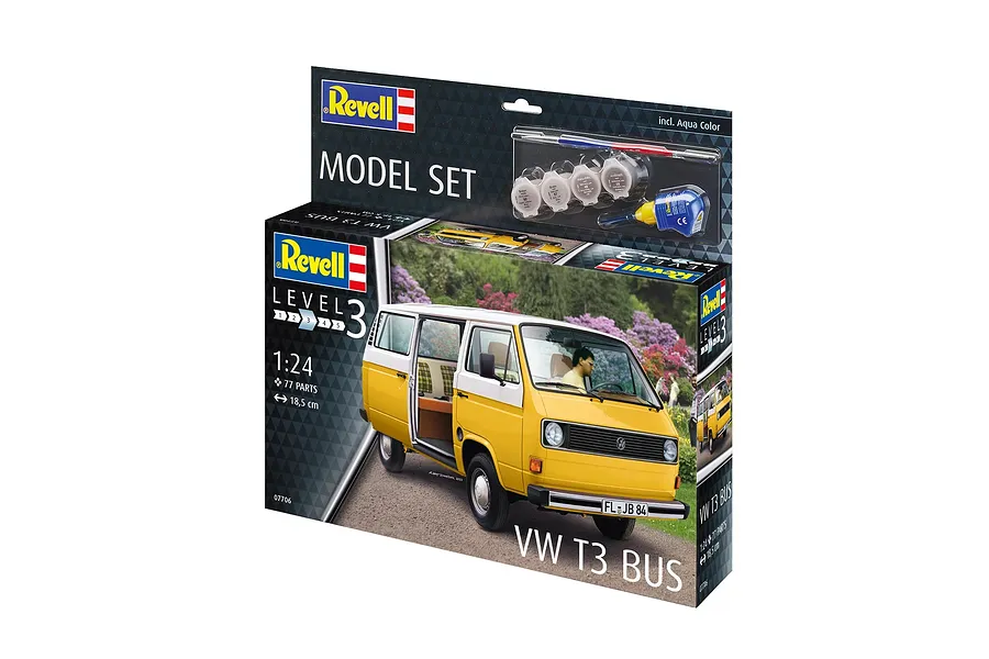 Revell 1/24 scale VW T3 Bus plastic model kit box showing a yellow and white van with accessories included.
