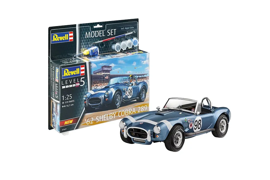 Revell 1/25 scale '62 Shelby Cobra 289 model kit box and a fully assembled blue model car with racing number 98.