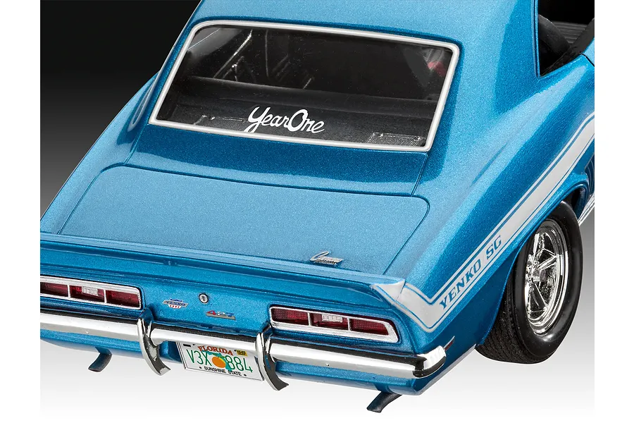Rear view of a blue 1/25 scale model 1969 Chevy Camaro Yenko with Yenko SC decals and a Florida license plate.