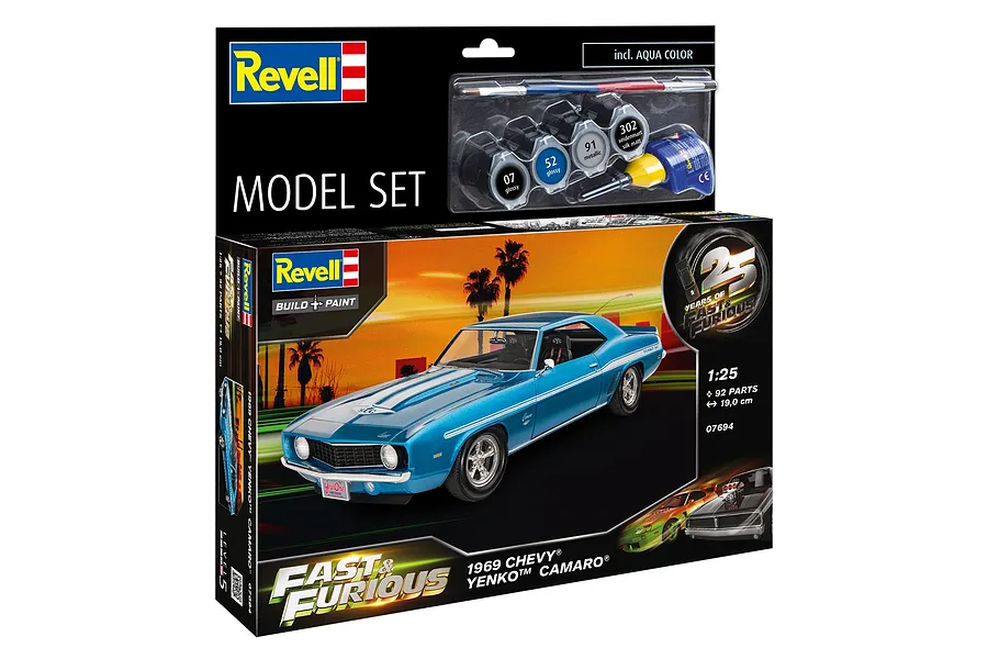 Revell 1/25 scale Fast &amp; Furious 1969 Chevy Camaro Yenko model kit box showing the finished blue car model and included paints and brush.