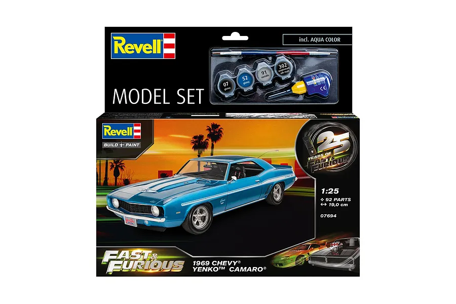 Revell 1/25 scale Fast &amp; Furious 1969 Chevy Camaro Yenko model kit box showing the blue car, paint pots, glue, and brush.