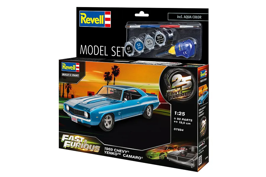 Revell 1/25 scale Fast &amp; Furious 1969 Chevy Camaro Yenko model kit box showing the finished blue car and included paints, brush, and glue.