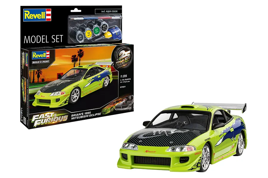 Revell 1/25 scale model kit of Brian's 1995 Mitsubishi Eclipse from Fast &amp; Furious, showing the box packaging and the assembled green sports car model.