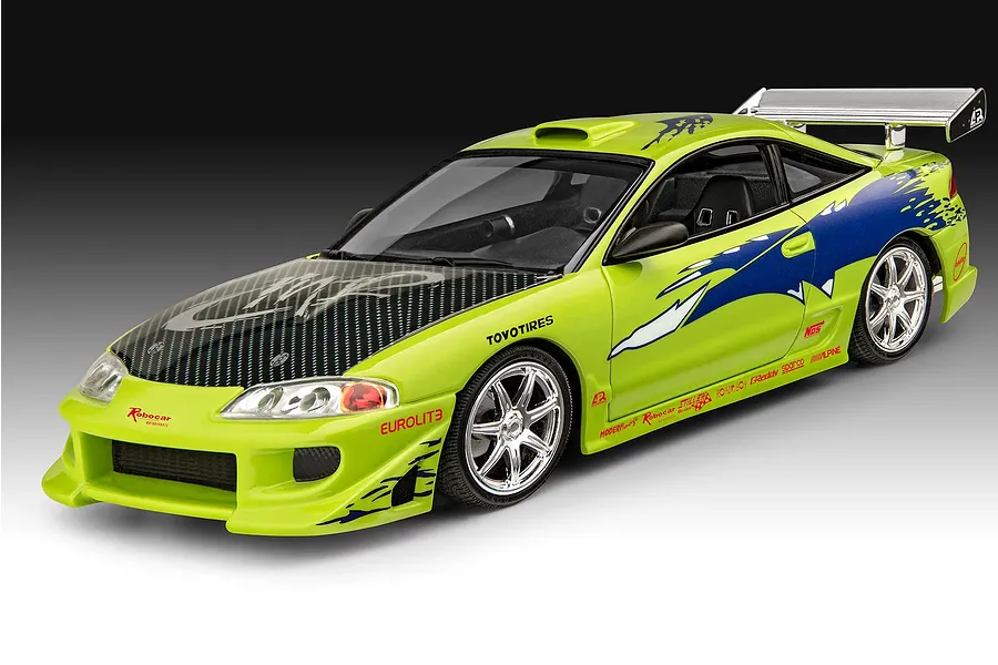 A 1/25 scale model of Brian's 1995 Mitsubishi Eclipse from Fast &amp; Furious, featuring a lime green body, blue decals, and a carbon fiber-look hood.