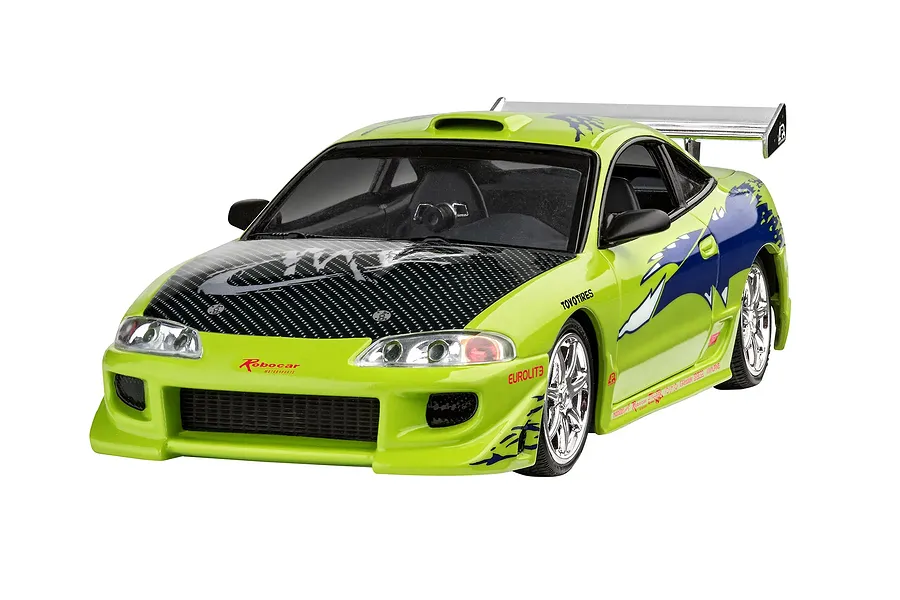 A 1/25 scale model of Brian's 1995 Mitsubishi Eclipse from Fast &amp; Furious, featuring a lime green body with blue graphics and a carbon fiber hood.