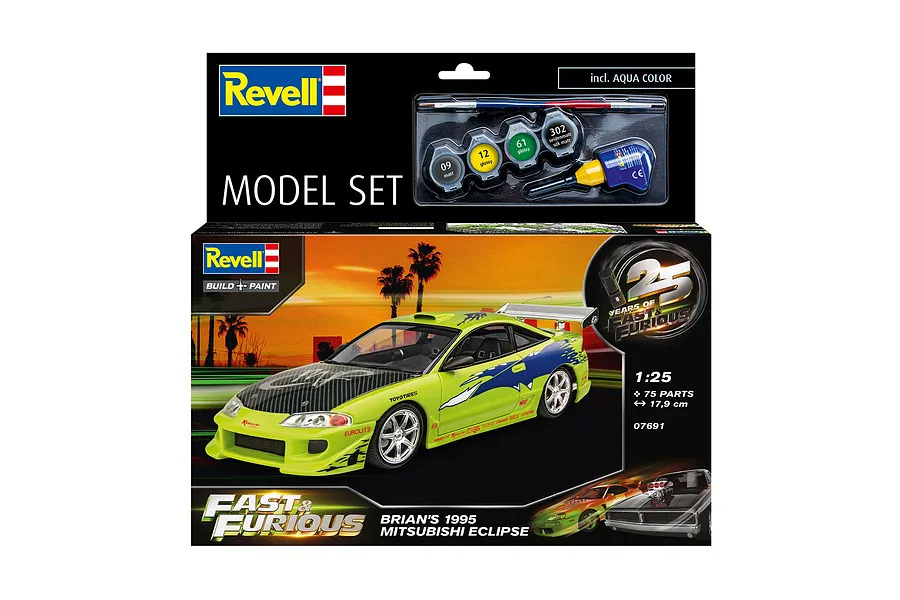 Revell 1/25 scale model kit box for Brian's 1995 Mitsubishi Eclipse from Fast &amp; Furious, featuring the car, paints, and brush.