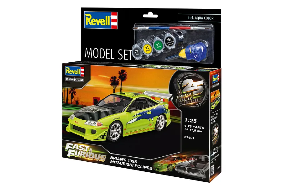 Revell 1/25 scale model kit box for Brian's 1995 Mitsubishi Eclipse from Fast &amp; Furious, featuring paints, glue, and a brush.