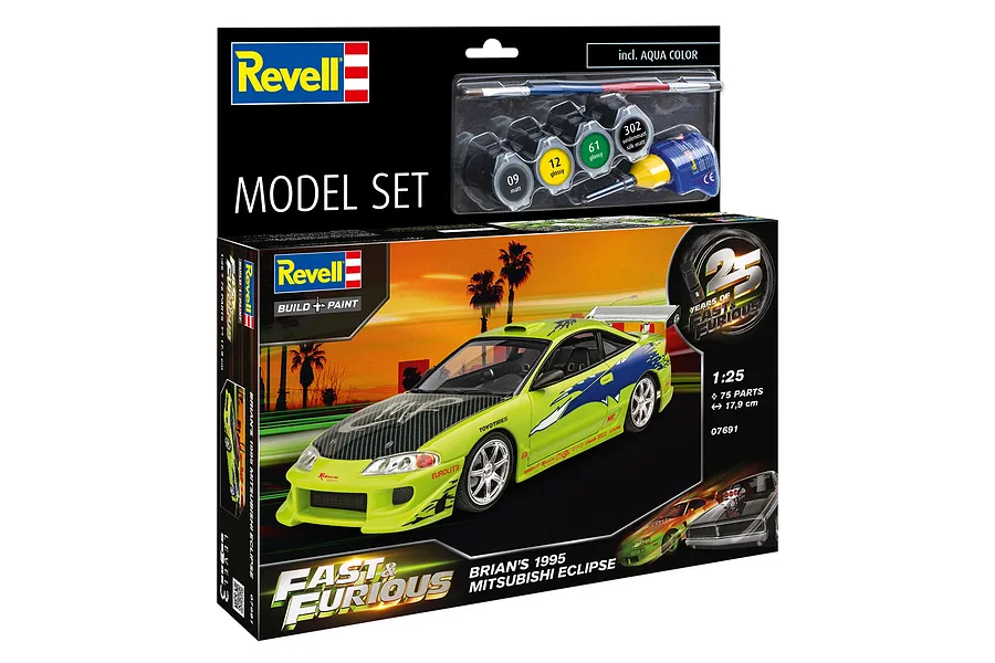 Revell 1/25 scale model kit box for Brian's 1995 Mitsubishi Eclipse from Fast &amp; Furious, featuring a lime green car and included paint and glue.