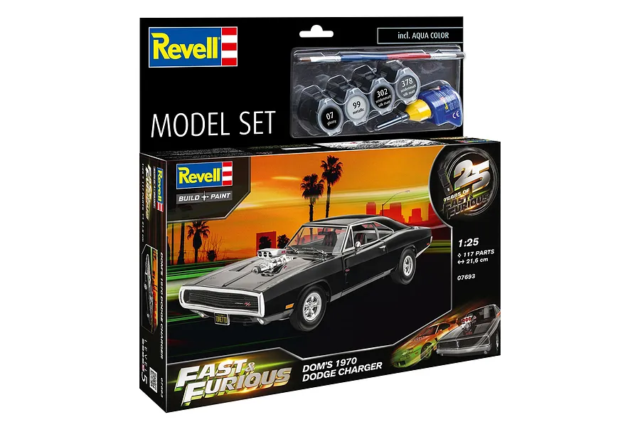 Revell 1/25 scale model kit box for Dominic's 1970 Dodge Charger from Fast &amp; Furious, including paints, glue, and a brush.