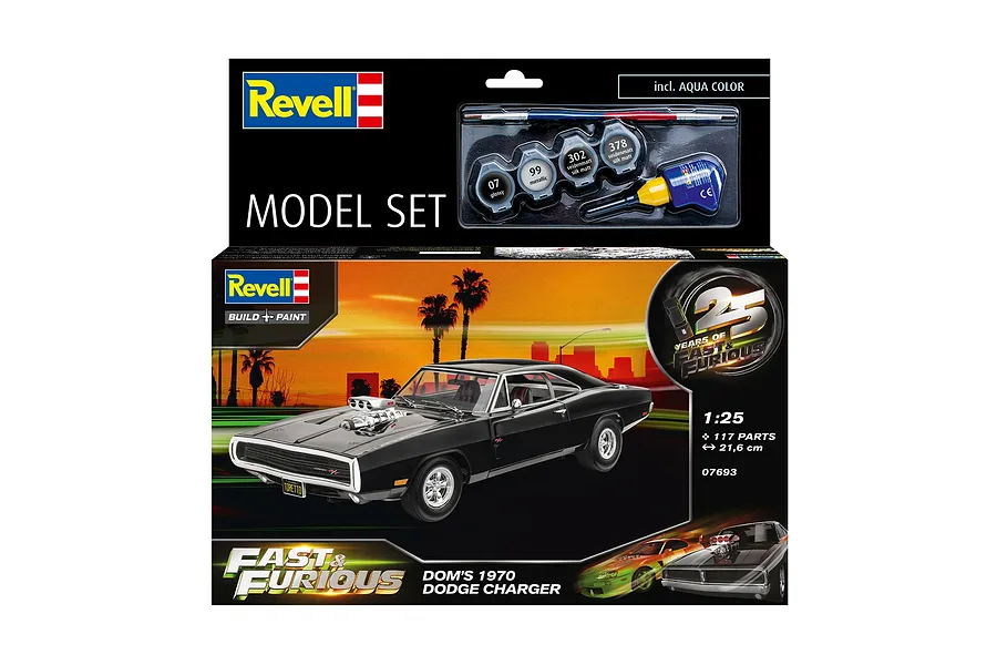 Revell 1/25 scale plastic model kit box for Dominic's 1970 Dodge Charger from Fast &amp; Furious, featuring a black car model and included paint and brush.