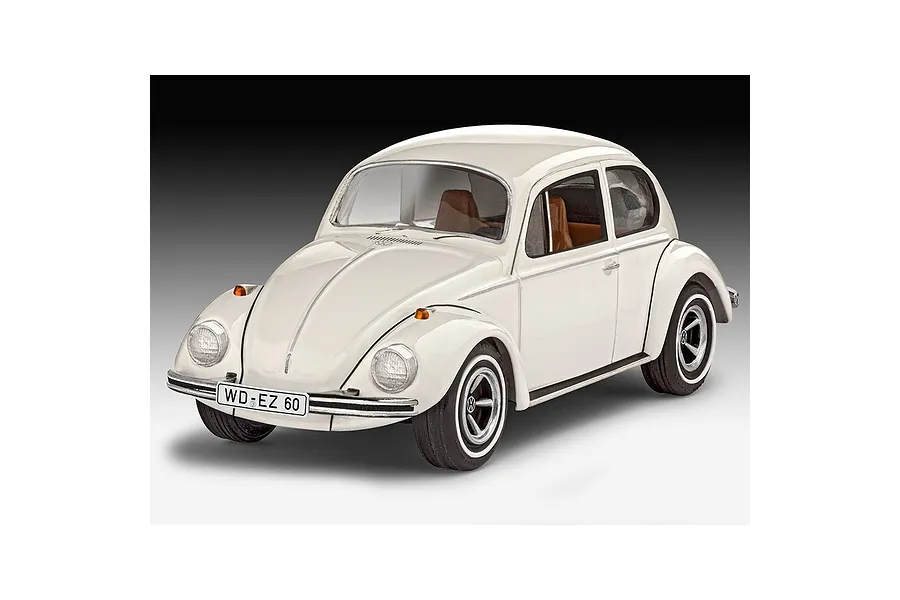 A studio shot of a finished 1/32 scale Revell VW Beetle plastic model car in white, featuring a detailed interior and license plate WD-EZ 60.