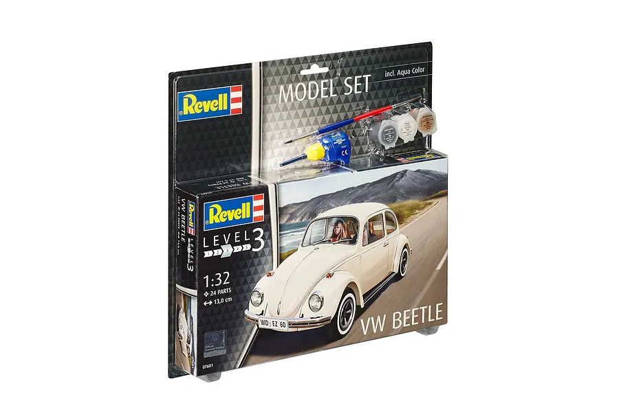 Revell 1/32 scale VW Beetle plastic model starter kit in blister packaging with included paint, brush, and glue.