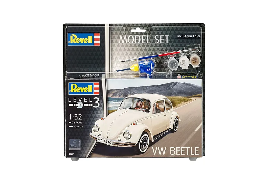 Revell 1/32 scale VW Beetle plastic model starter kit in blister packaging, including paint, glue, and a brush.