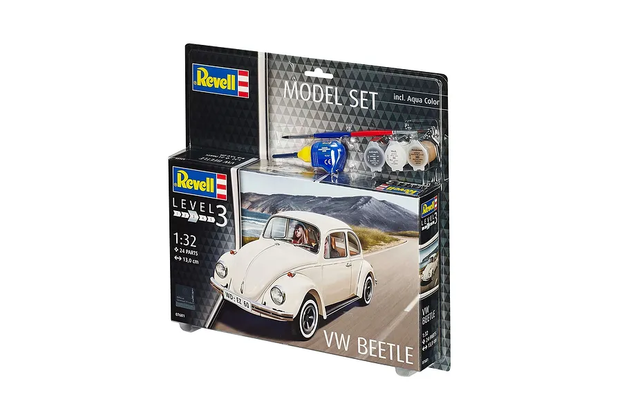 Revell 1/32 scale VW Beetle plastic model starter kit in retail blister packaging, including paint, glue, and a brush.