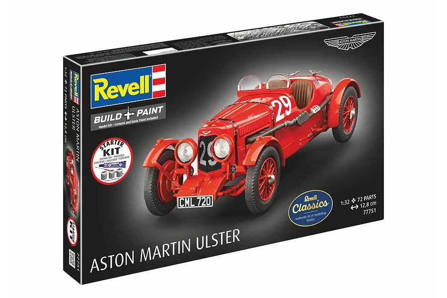 Revell 1/32 scale Aston Martin Ulster plastic model starter kit box showing a red vintage race car with number 29.