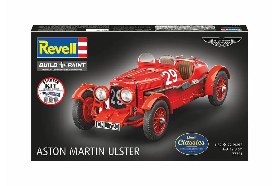 Revell 1/32 scale Aston Martin Ulster model kit packaging showing a red vintage race car with number 29 on a black background.
