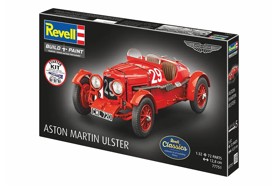 Revell 1/32 scale Aston Martin Ulster model car starter kit box showing a red vintage race car with number 29.