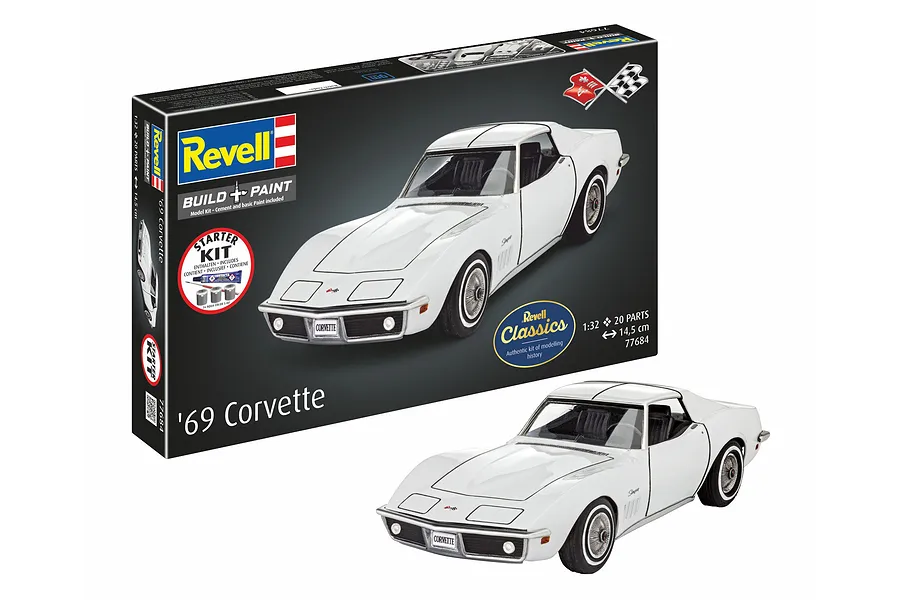 Revell 1/32 scale '69 Corvette plastic model starter kit box and a finished white model car displayed in front.