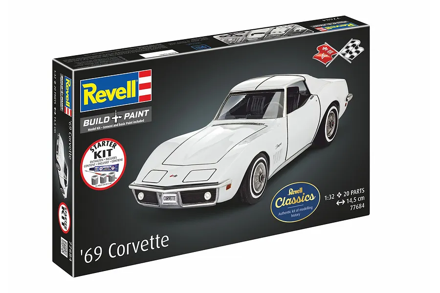 Revell 1/32 scale '69 Corvette model kit box showing a white sports car on a black background with included paint and glue icons.