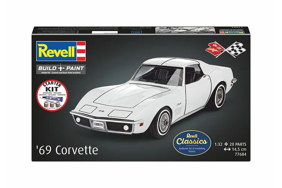 Revell 1/32 scale '69 Corvette plastic model starter kit box showing a white classic Corvette car.