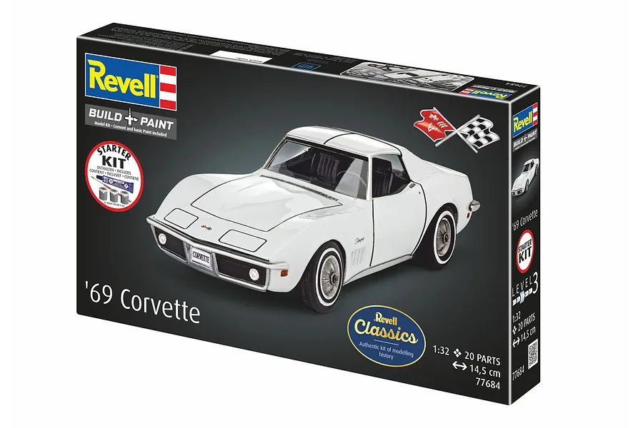 Revell 1/32 scale '69 Corvette plastic model starter kit box, featuring a white Corvette C3 on the front.