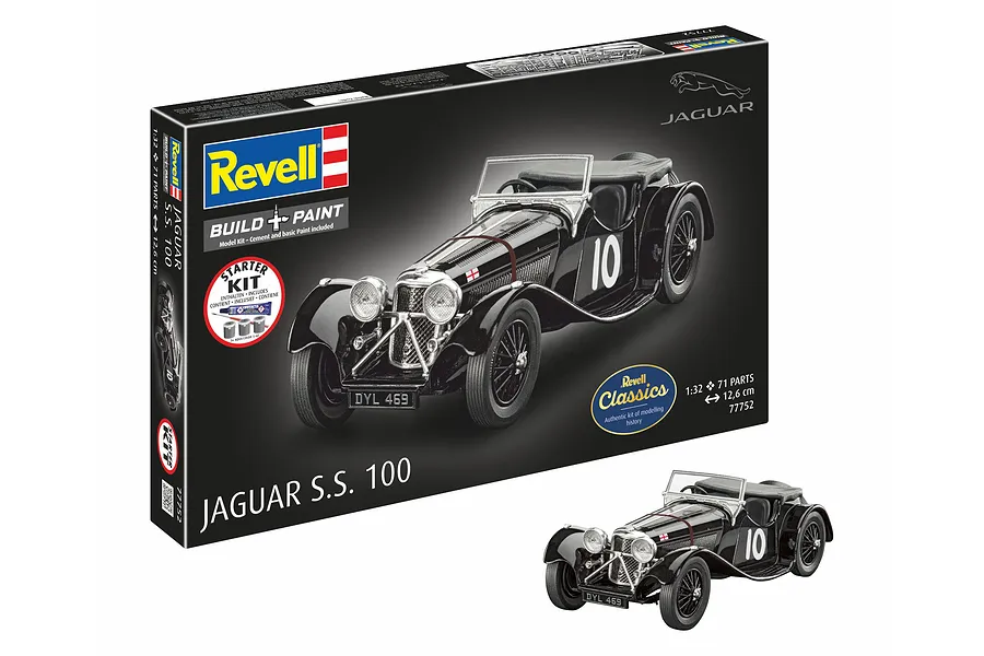 Revell 1/32 scale Jaguar SS 100 plastic model starter kit box and a fully assembled black model car on a white background.