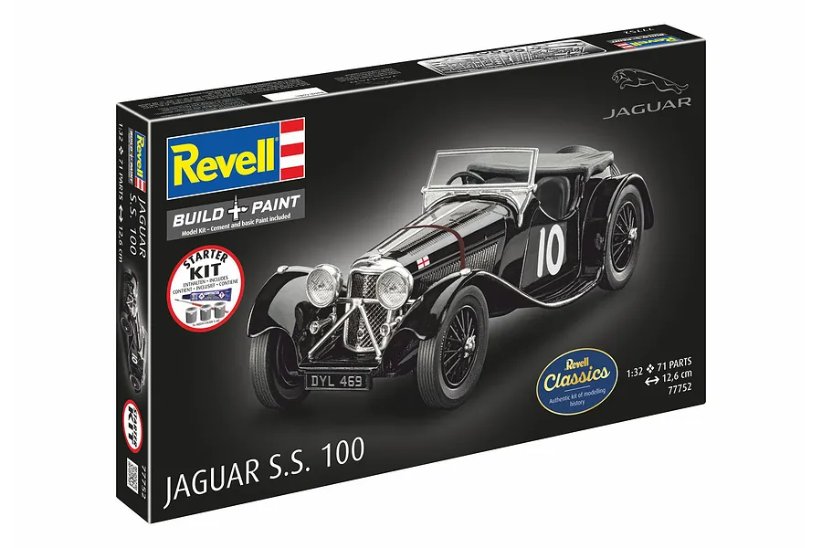 Revell 1/32 scale Jaguar SS 100 plastic model starter kit box showing a black vintage sports car model.
