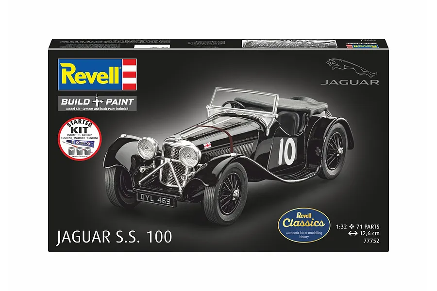 A Revell 1/32 scale Jaguar SS 100 model kit box featuring a black vintage sports car with the number 10 on the side.
