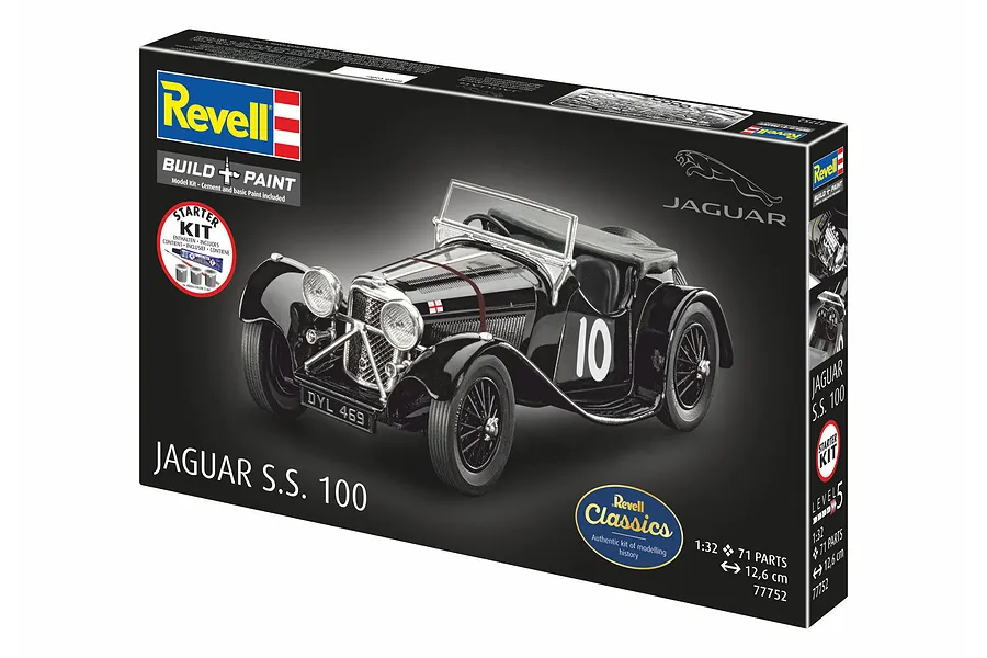 Revell 1/32 scale Jaguar S.S. 100 model car starter kit box, featuring a black vintage sports car with the number 10 on the side.