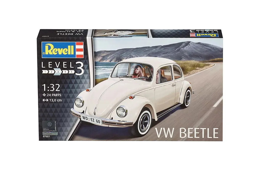 Revell 1/32 scale VW Beetle plastic model kit box showing a cream-colored classic Volkswagen Beetle driving along a coastal road.