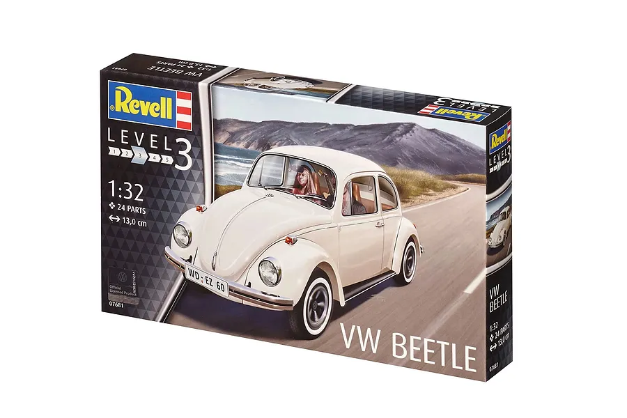 Revell 1/32 scale VW Beetle plastic model kit box showing a white classic Beetle car driving along a coastal road.