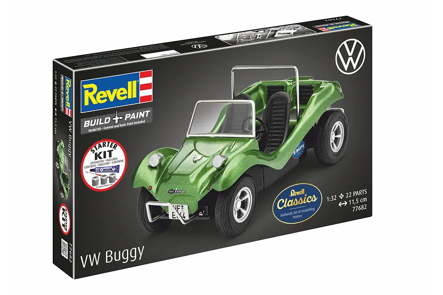 Revell 1/32 scale VW Buggy plastic model starter kit box showing a green model buggy, paint, and glue.