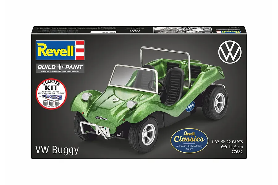 Revell 1/32 scale VW Buggy plastic model starter kit box showing a finished green buggy model.