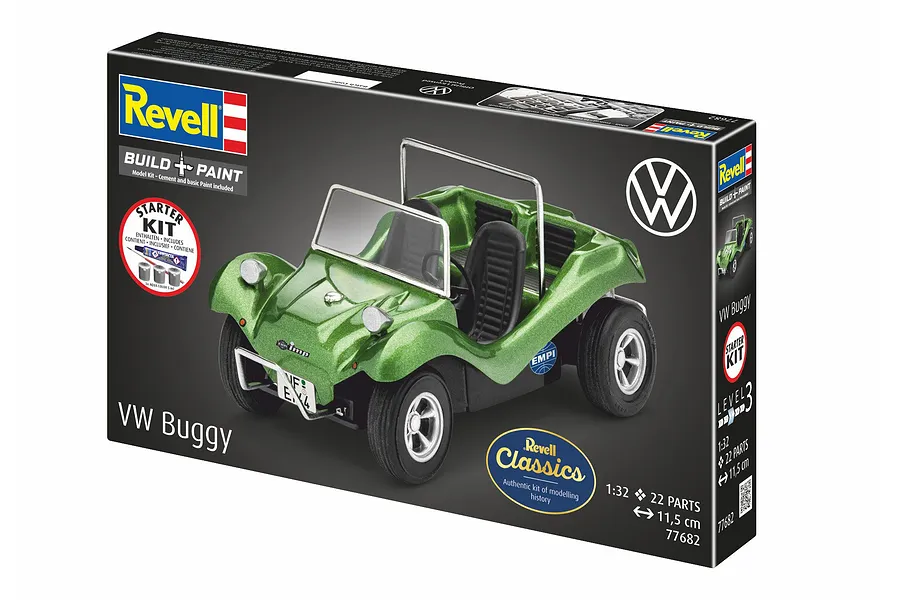 Revell 1/32 scale VW Buggy model kit packaging showing a green assembled model car on the box front.