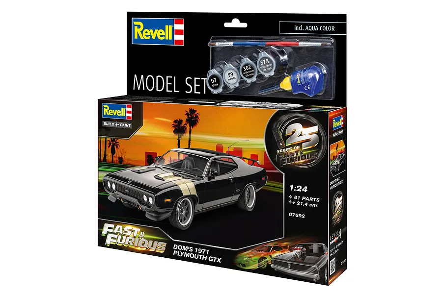 Revell 1/24 scale plastic model kit of Dominic's 1971 Plymouth GTX from Fast &amp; Furious, featuring paints, glue, and a brush in the packaging.