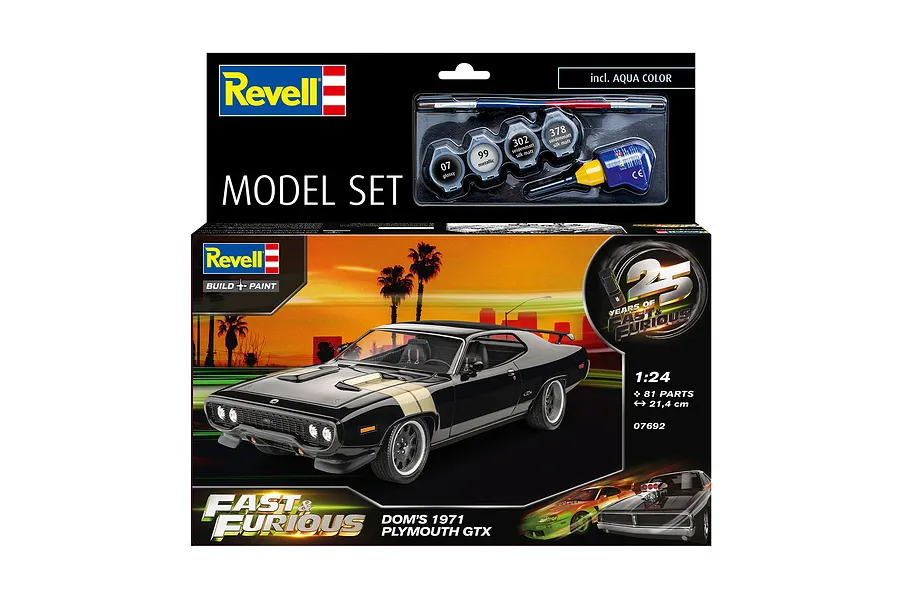 Revell 1/24 scale plastic model kit box for Dominic's 1971 Plymouth GTX from Fast &amp; Furious, featuring paints, glue, and a brush.