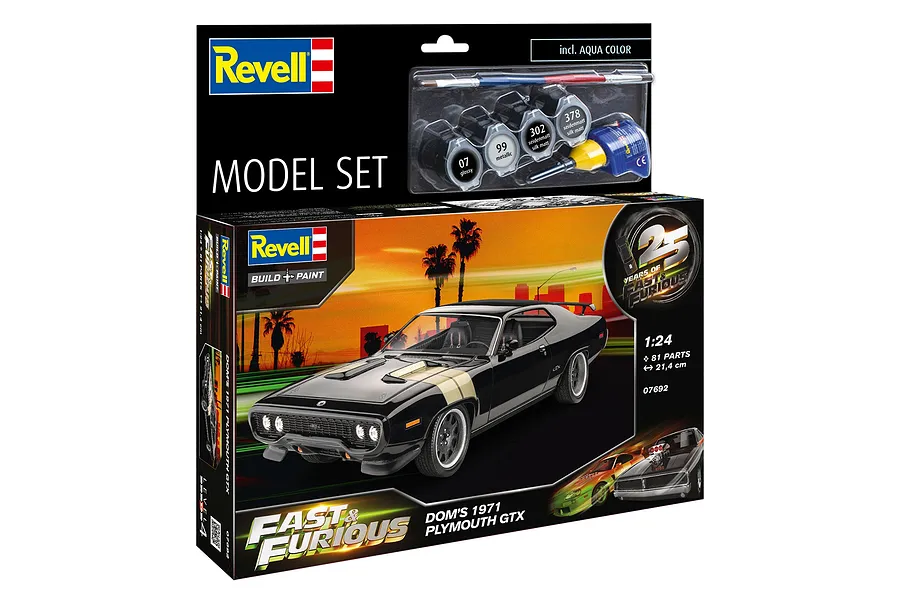 Revell 1/24 scale Fast &amp; Furious 1971 Plymouth GTX model kit box featuring a black muscle car on a sunset background with included paint and brush.