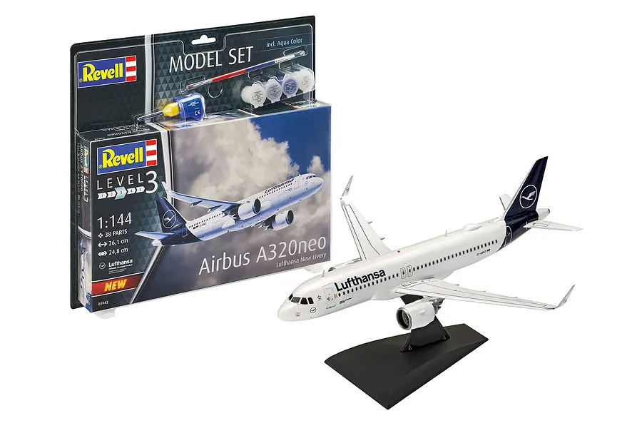 Revell 1/144 scale Airbus A320neo Lufthansa model kit, including packaging with paints, glue, and brush, alongside the assembled and painted model on a stand.