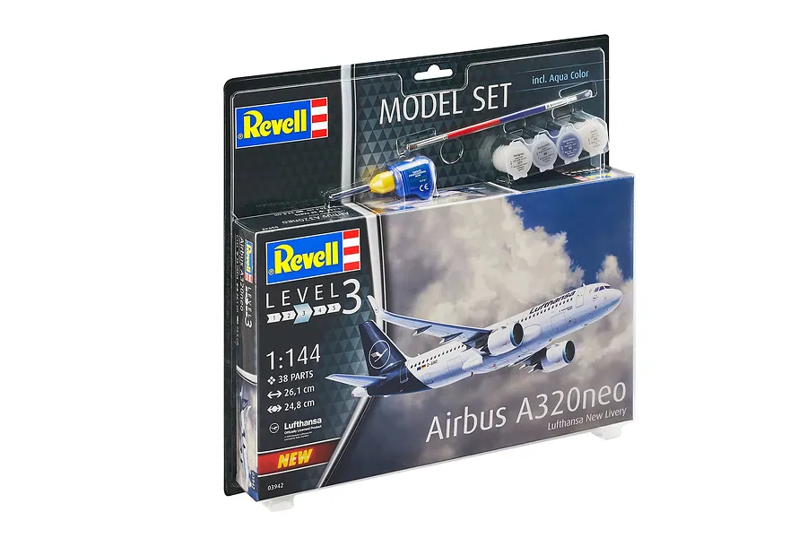 Revell 1/144 scale Airbus A320neo Lufthansa model kit in blister packaging with included paints, glue, and brush.