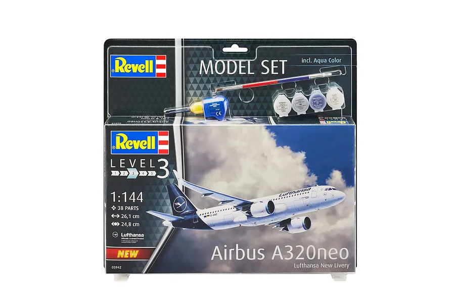 Revell 1/144 scale Airbus A320neo Lufthansa model kit in packaging, including paints, glue, and a brush.