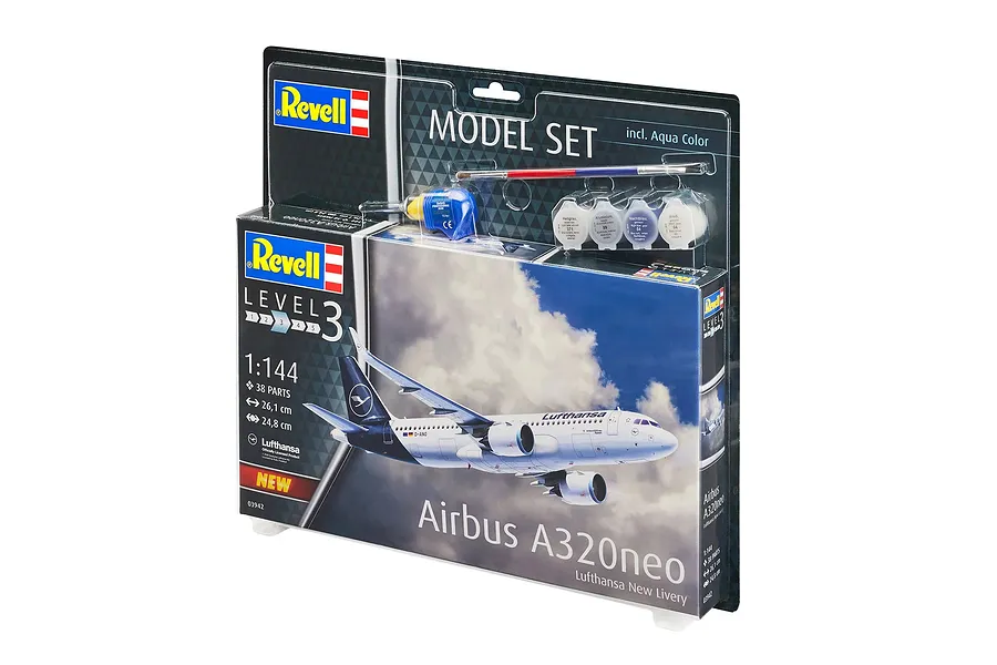 Revell 1/144 scale Airbus A320neo Lufthansa model kit in blister packaging with included paint, glue, and brush.