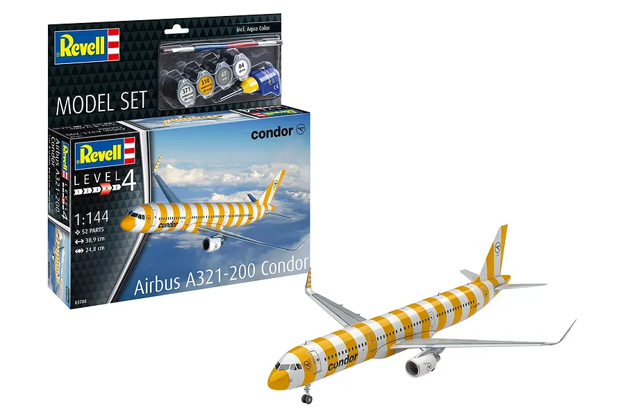Revell 1/144 scale Airbus A321-200 Condor model kit box and a fully assembled, painted model aircraft with yellow and white stripes.