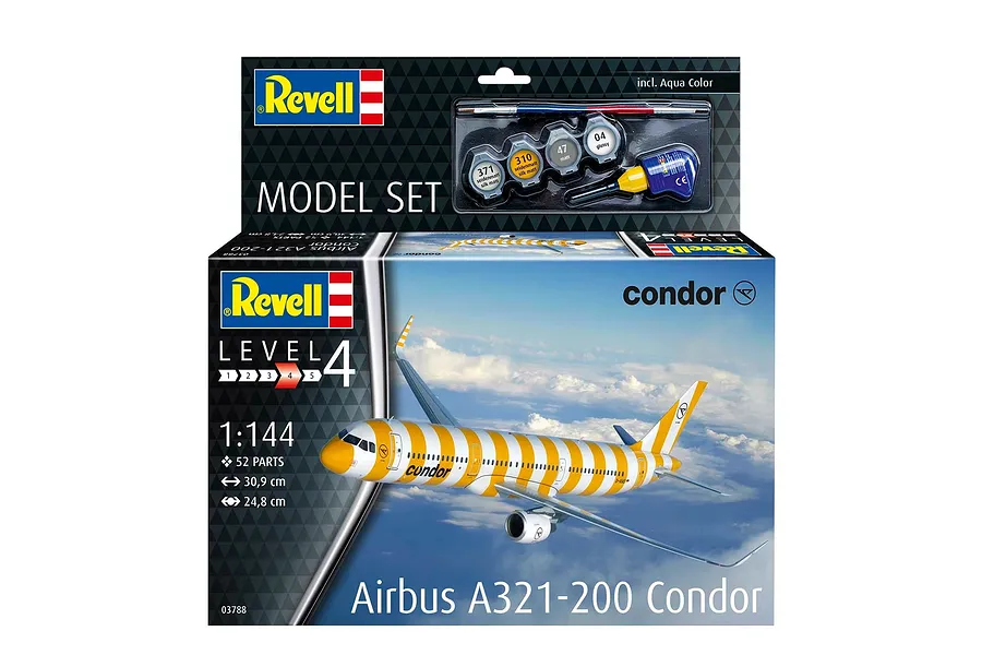 Revell 1/144 scale Airbus A321-200 Condor model kit box showing the finished aircraft with yellow and white stripes flying above clouds.