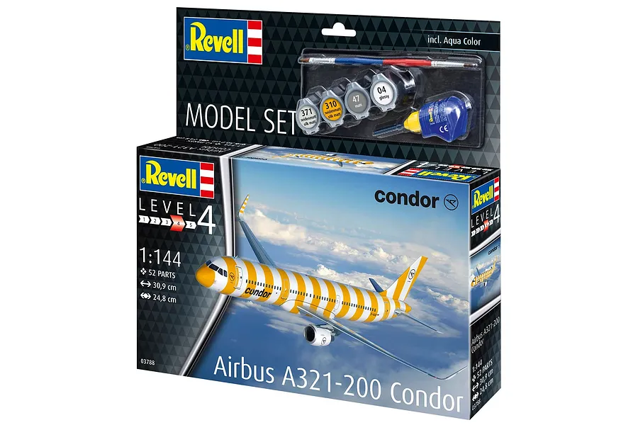 Revell 1/144 scale Airbus A321-200 Condor model kit box showing the finished aircraft with yellow and white stripes, including paints, glue, and a brush.
