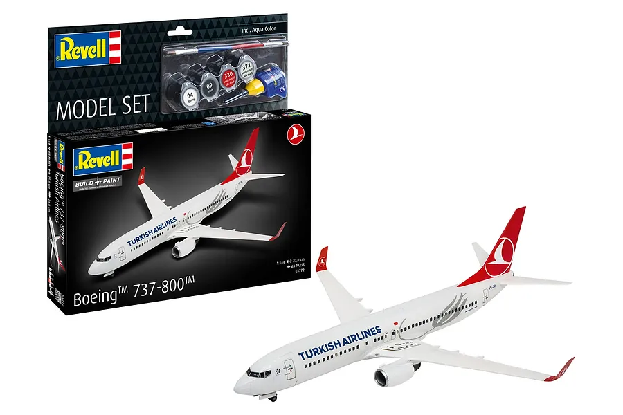 Revell 1/144 scale Boeing 737-800 Turkish Airlines model kit box and a fully assembled and painted model airplane.