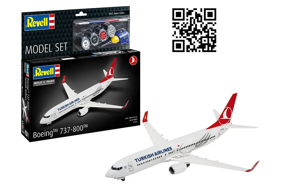 Revell 1/144 scale Boeing 737-800 Turkish Airlines model kit box and a fully assembled model aircraft on a white background.