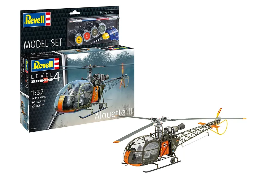 Revell 1/32 scale Alouette II helicopter plastic model kit box and a fully assembled, painted model helicopter on a white background.