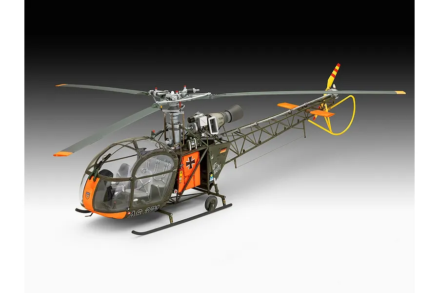 A completed 1/32 scale plastic model of a German Air Force Alouette II helicopter, featuring olive green and orange paint with detailed cockpit and rotor.