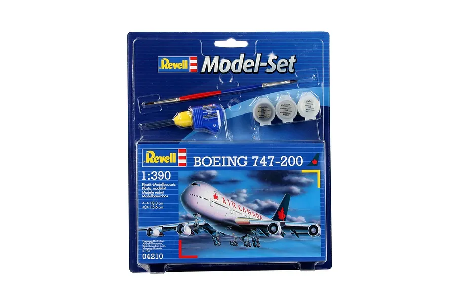 Revell 1/390 Boeing 747-200 Air Canada model kit in blister packaging with included paint, glue, and brush.